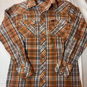 Men's Flannel Western Shirt Snap Button Two Pocket Plaid Long Sleeve
